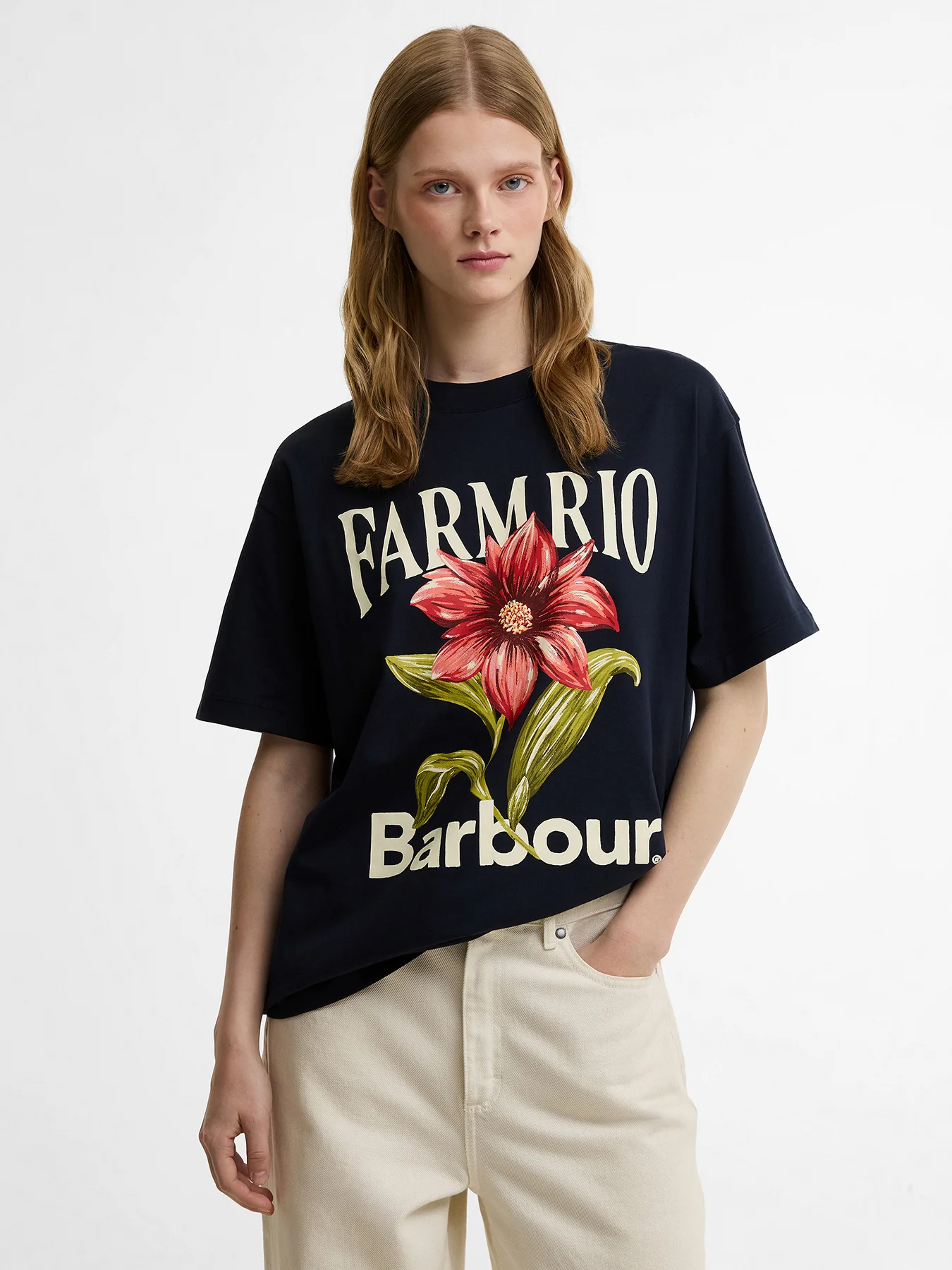 Barbour x Farm Rio Wild Flower Graphic T-Shirt Navy - Image 4