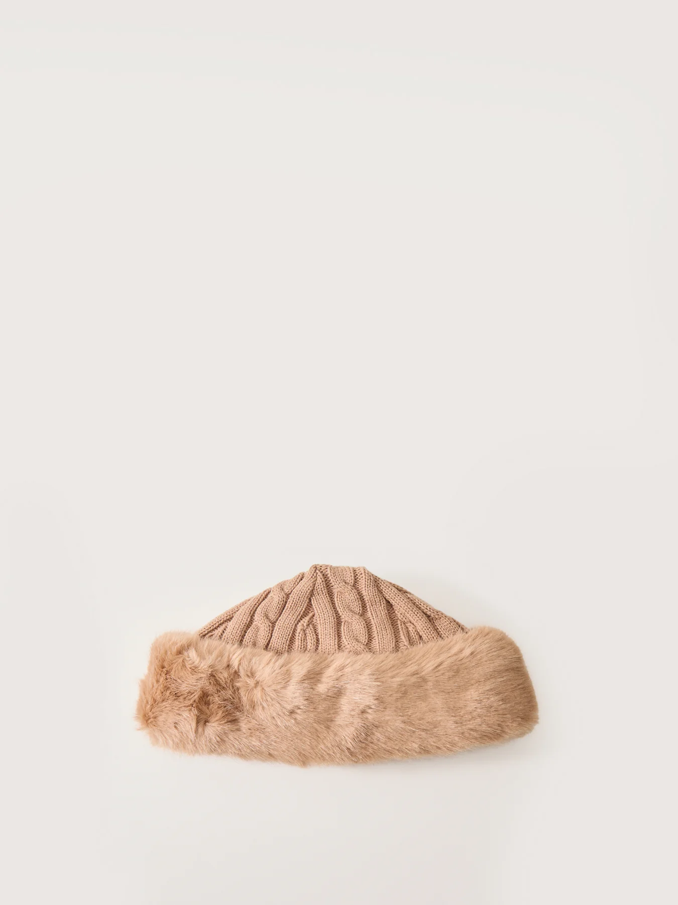 Faux Fur Cable Knit Hat Light Brown - Image 2