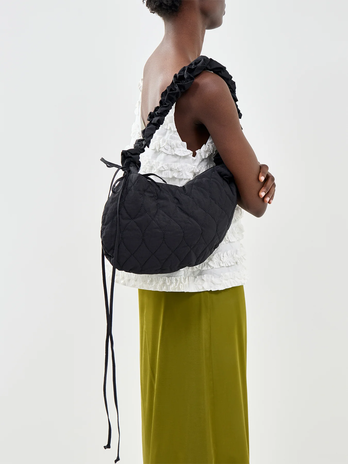 Embroidered Rose Ruched Kidney Bag Black - Image 5