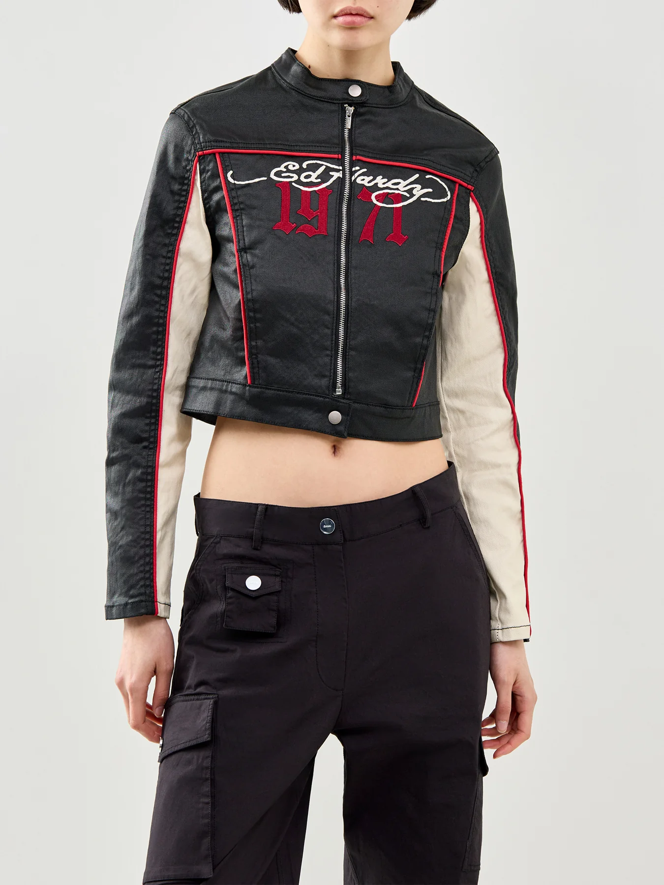 Climbing Rose Denim Biker Jacket Black - Image 4