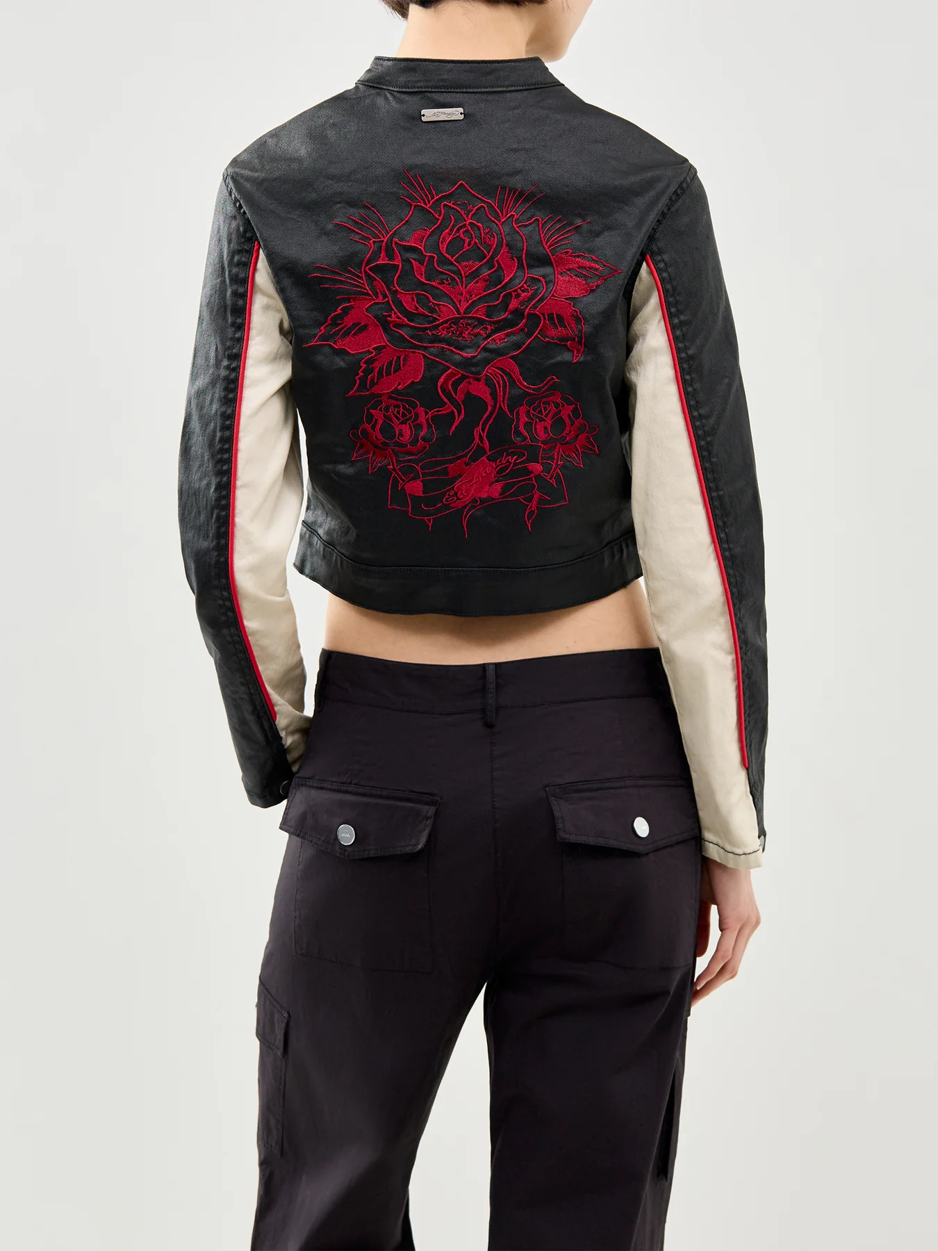 Climbing Rose Denim Biker Jacket Black - Image 5