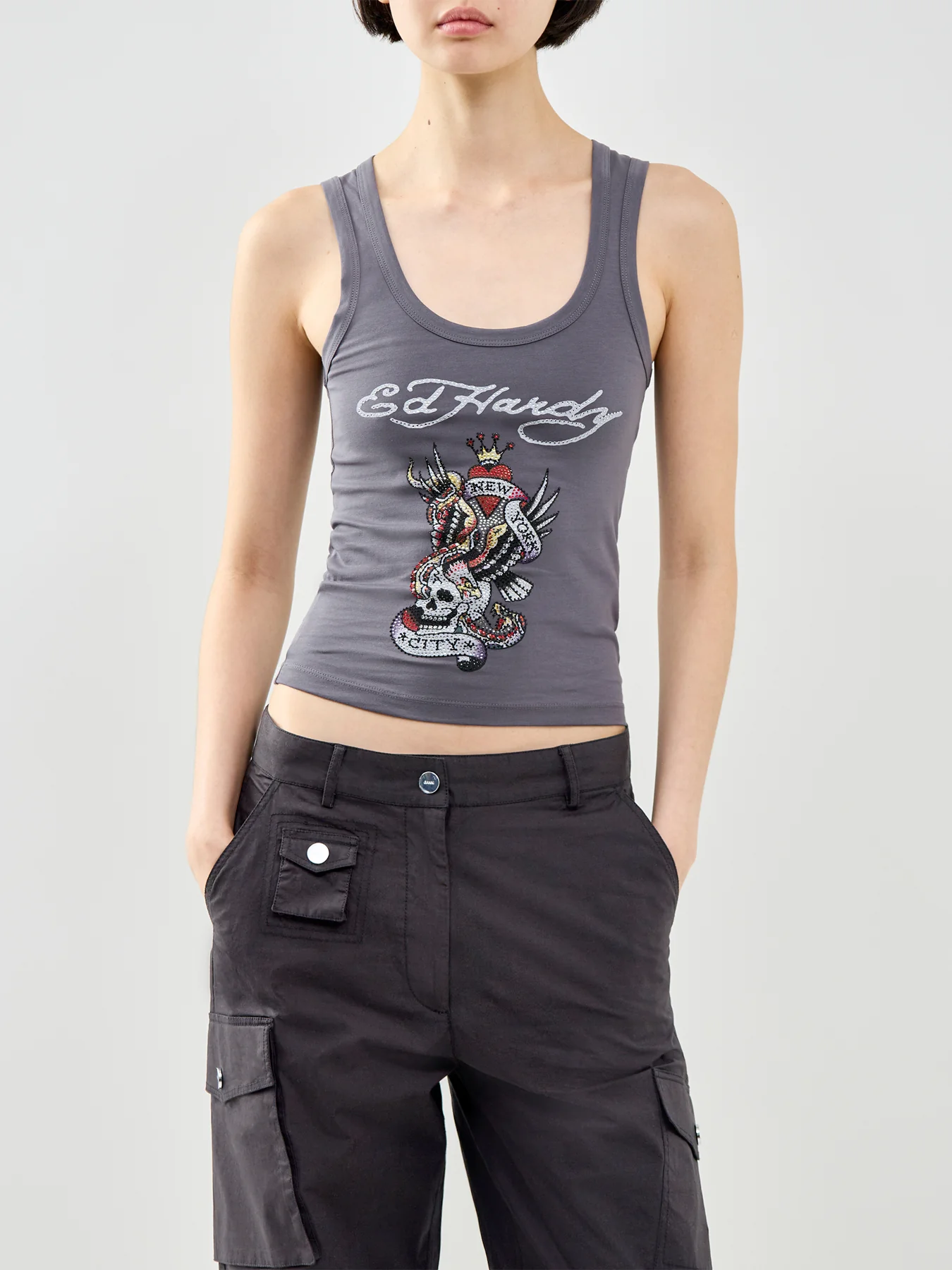 New York City Diamante Cropped Vest Top Grey - Image 4