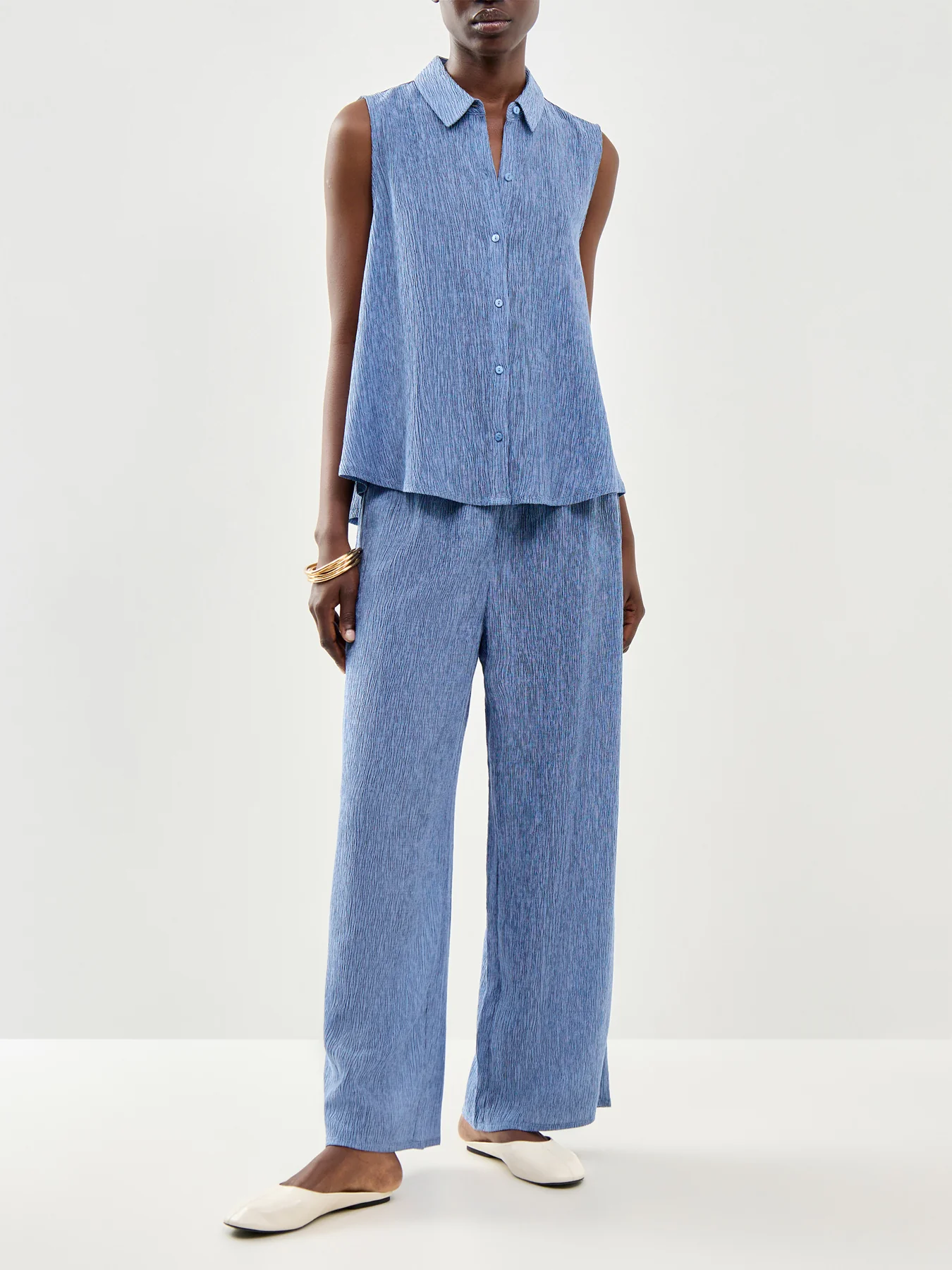 Classic Collar A-Line Sleeveless Shirt Blue - Image 2