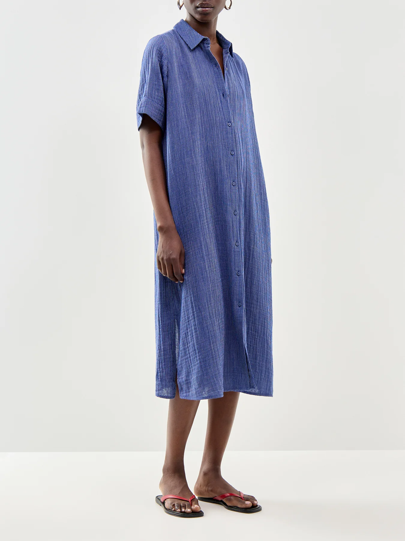 Classic Collar C/L Shirt Dress W/ Short Slvs Deep Dive Blue - Image 4