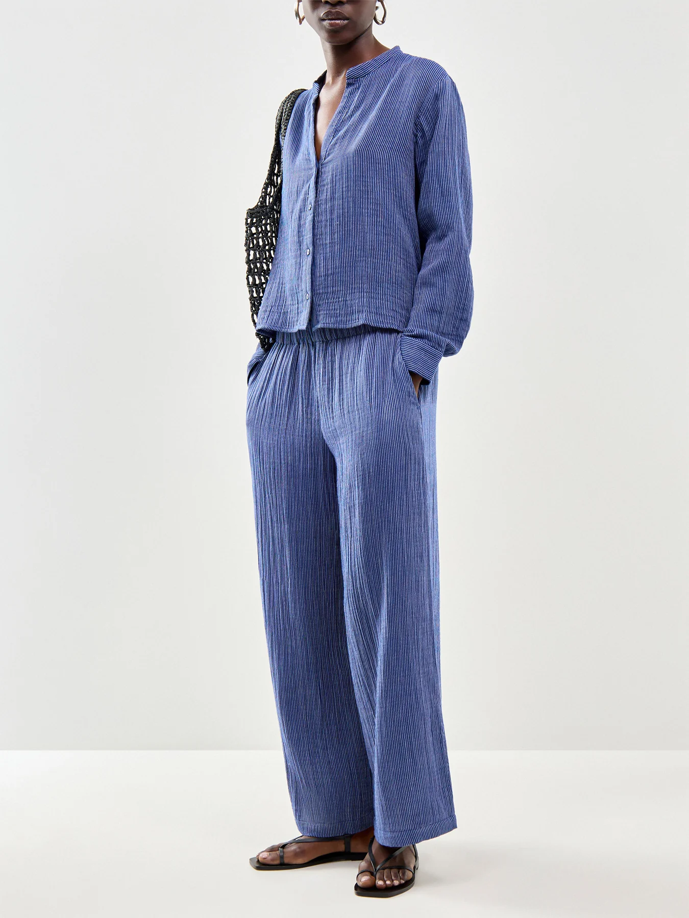 Mandarin Collar Cut-Away Short Shirt Blue - Image 2