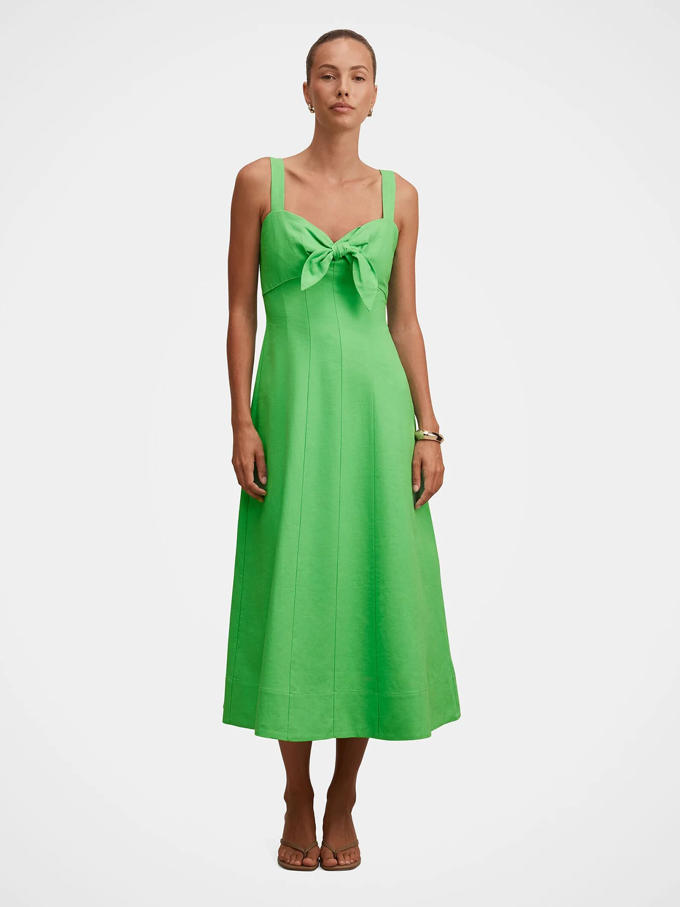 Kara Tie Front Linen Midi Dress Green - Image 2