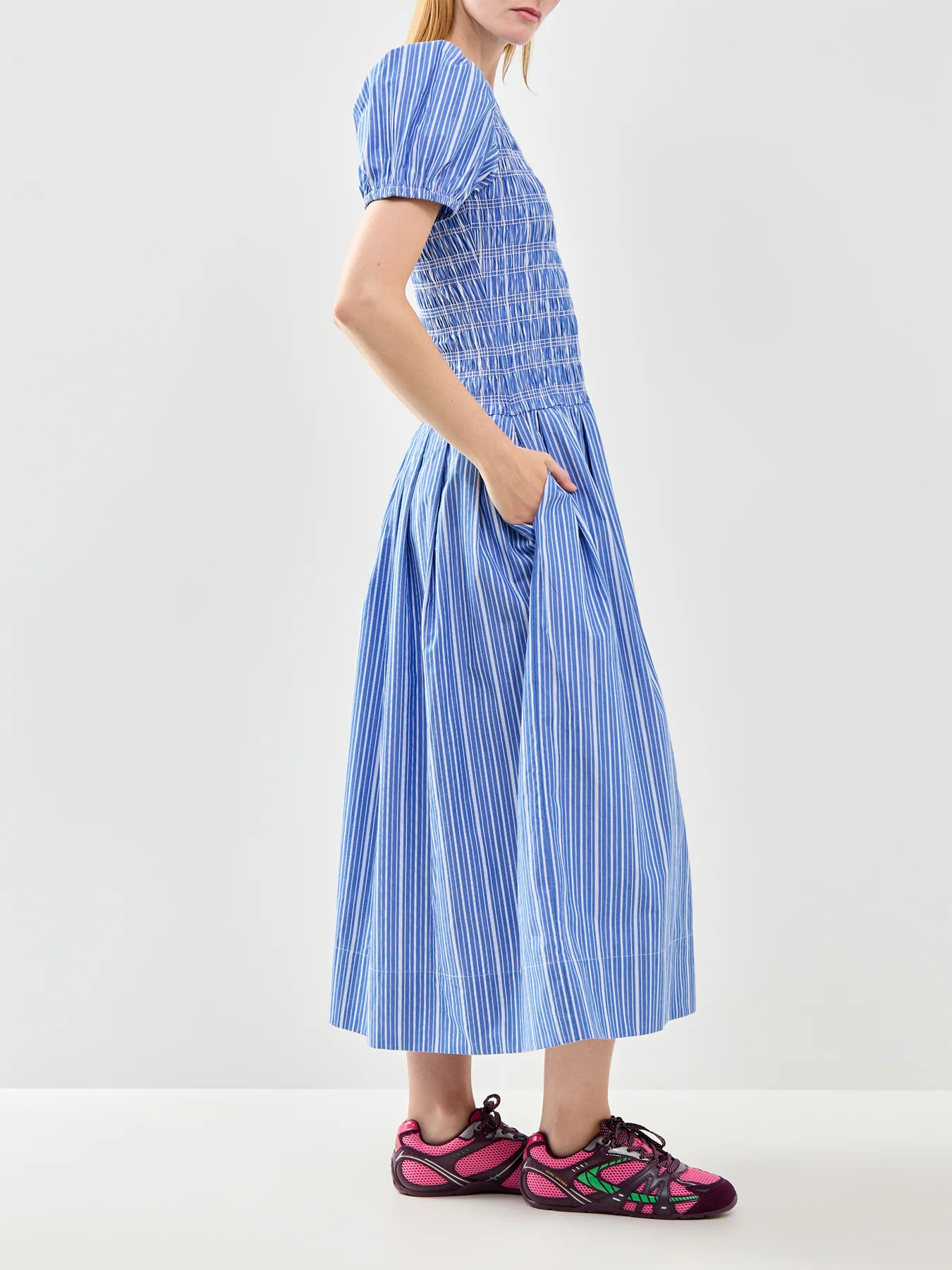 Stripe Smocked Pleated Midi Dress Blue - Image 4