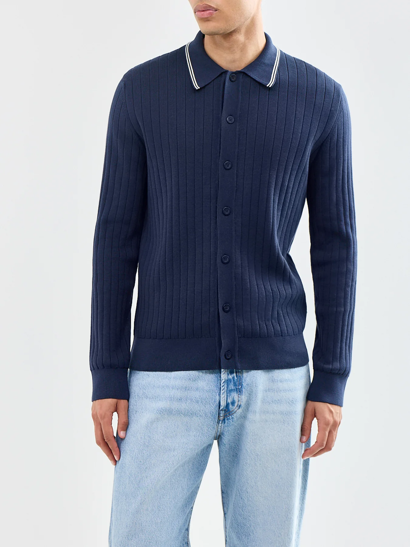 Cotton Rib Polo Cardigan Navy - Image 4