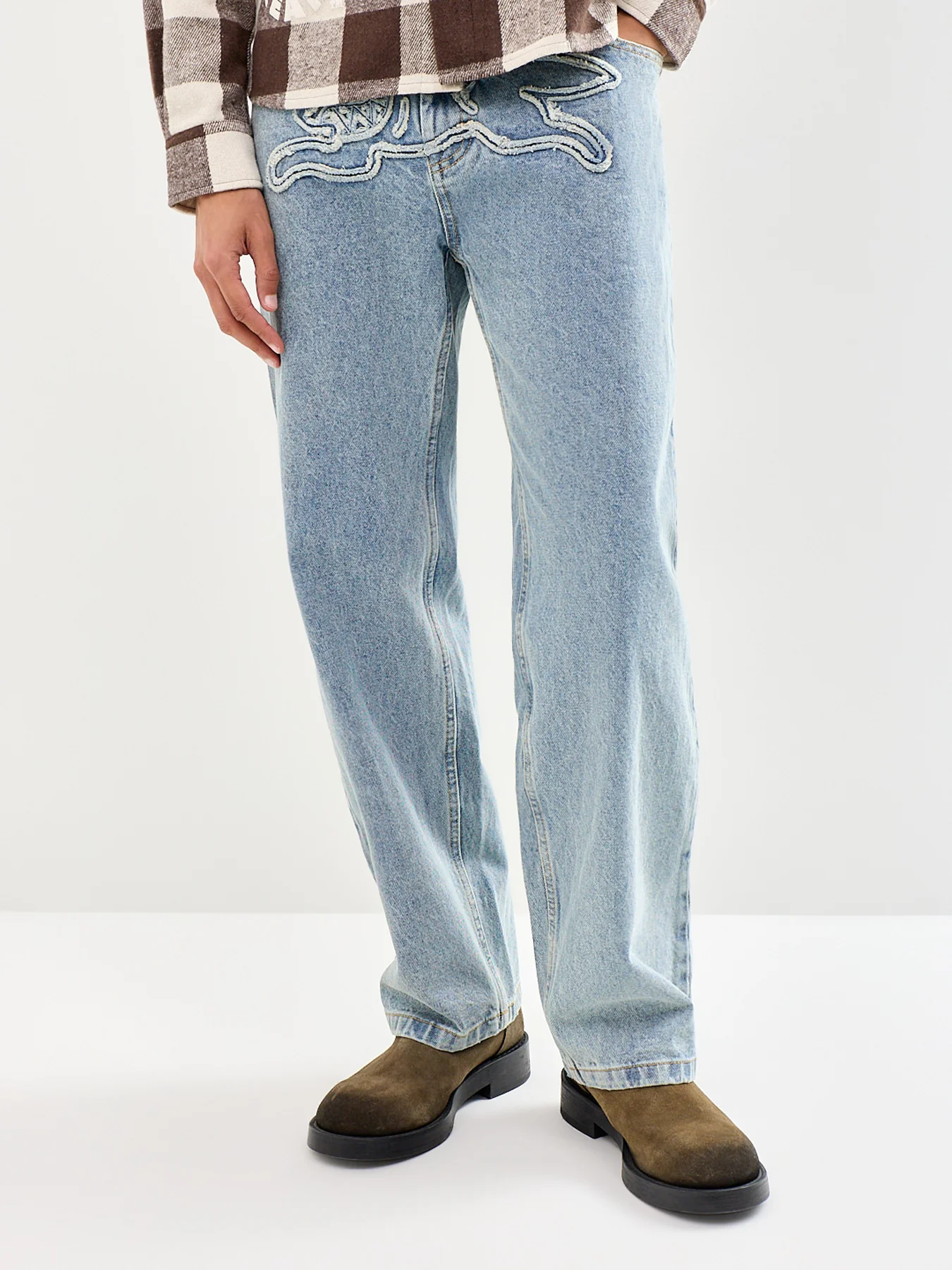 Applique Running Dog Double Scoop Denim Jeans Blue - Image 4