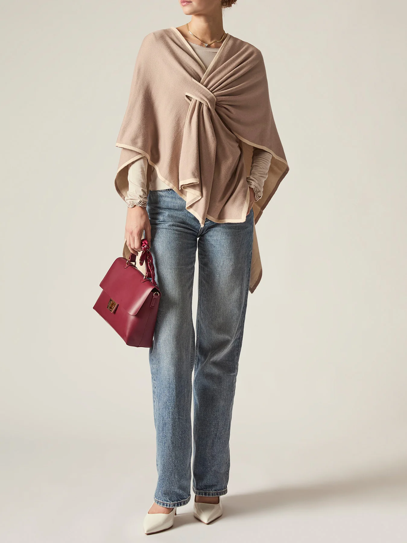 Front Knot Poncho Beige - Image 2