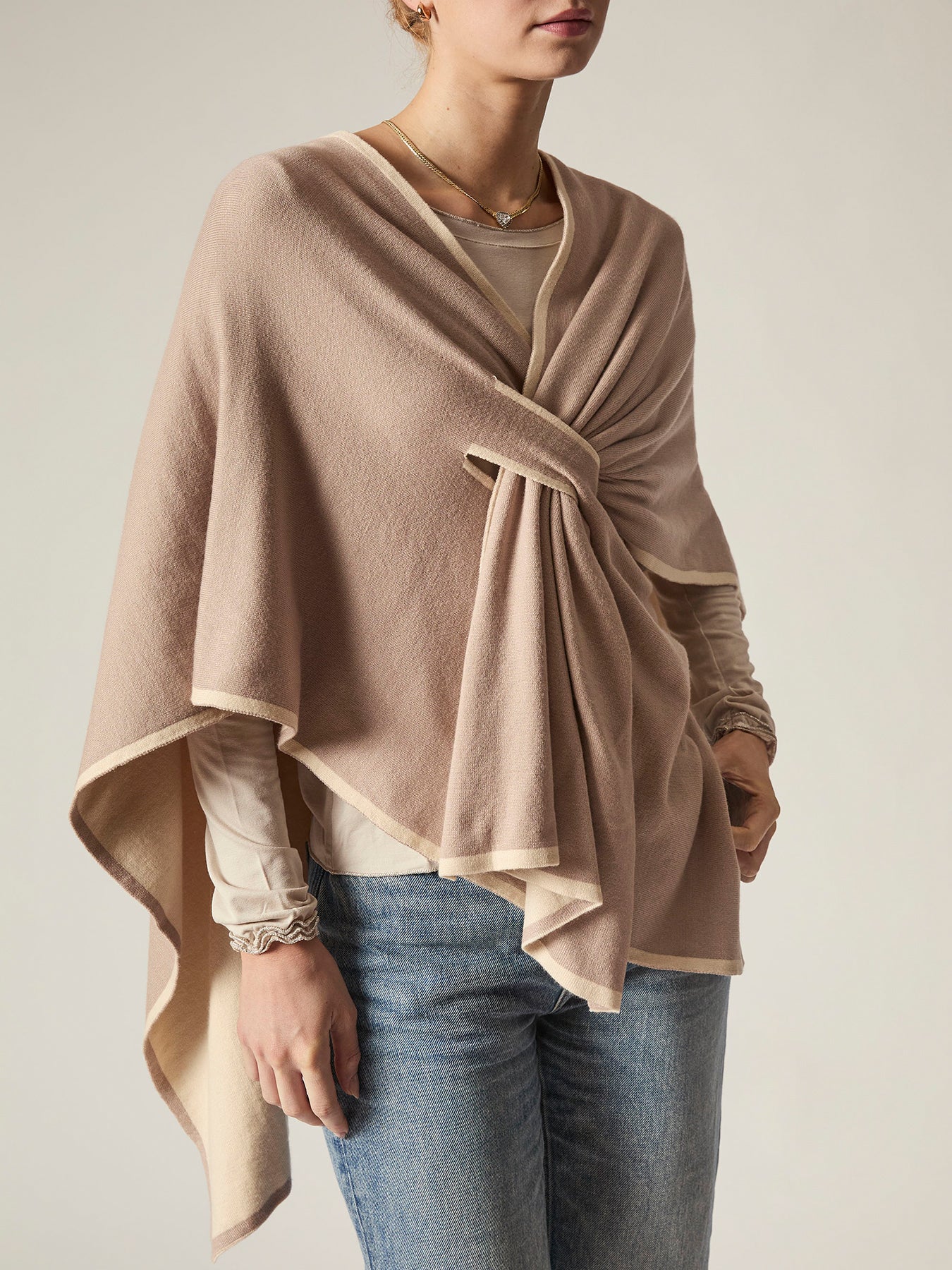Front Knot Poncho Beige - Image 3