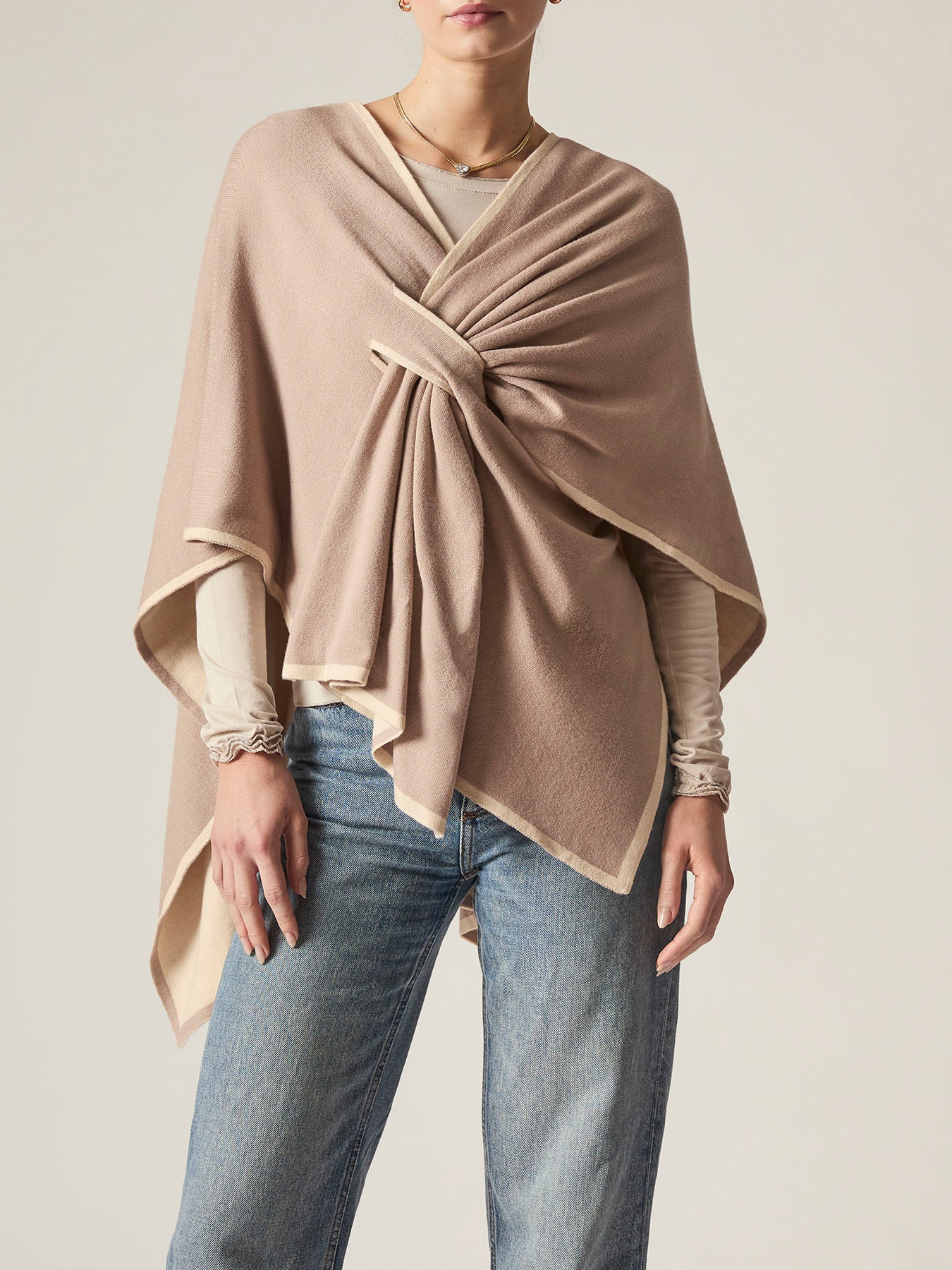 Front Knot Poncho Beige - Image 4