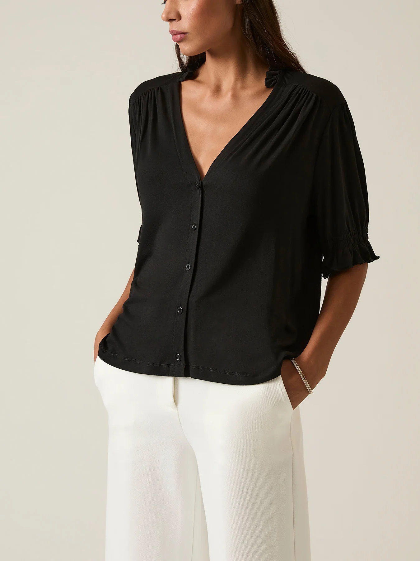 V-neck Jersey Blouse Black - Image 2