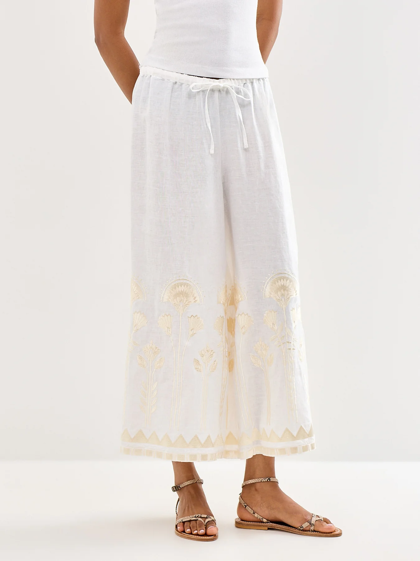 Papyrus Wide Leg Cropped Linen Trouser White - Image 4