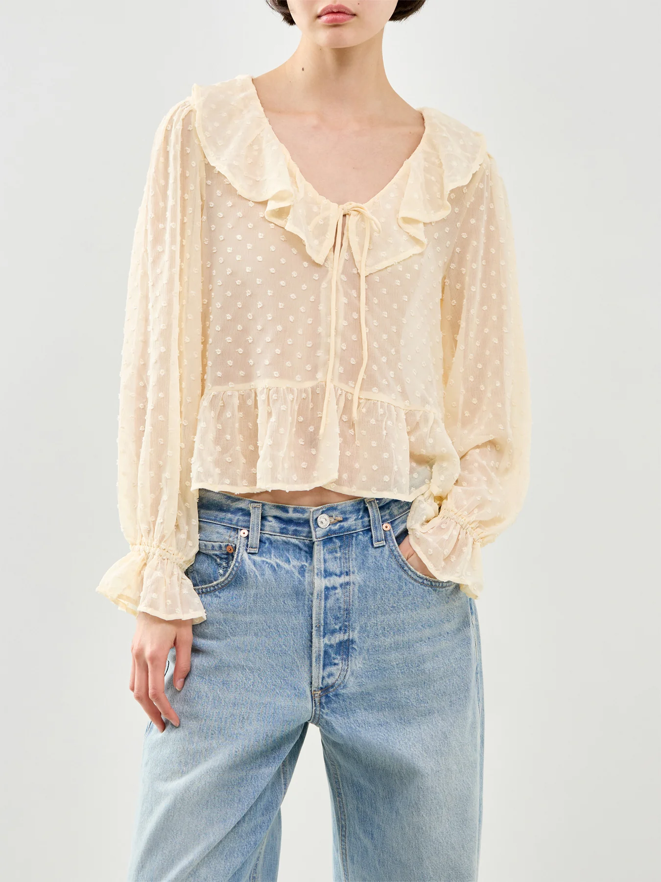 Isla Long Sleeve Frill Dobby Top Cream - Image 4