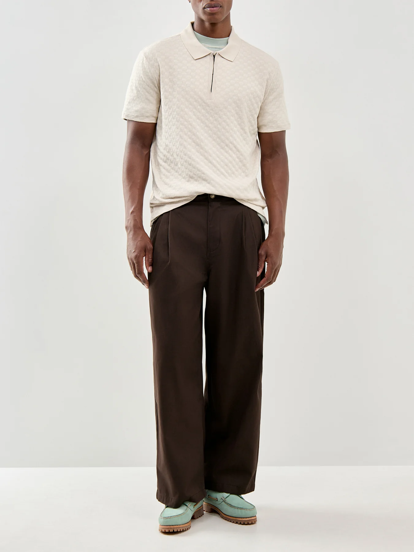 Textured Zip Knitted Polo Shirt Cream - Image 2