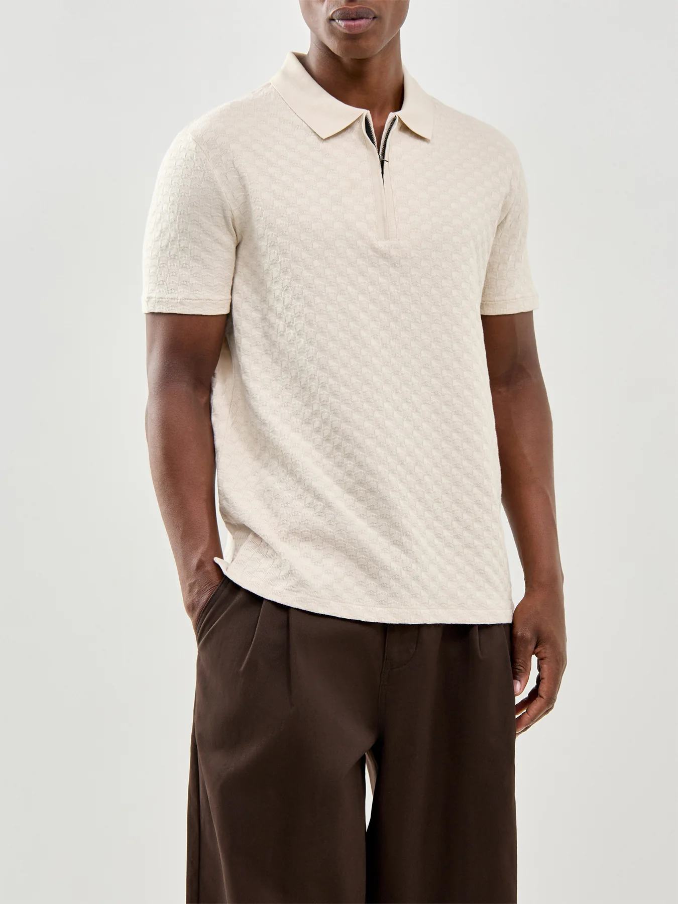 Textured Zip Knitted Polo Shirt Cream - Image 4
