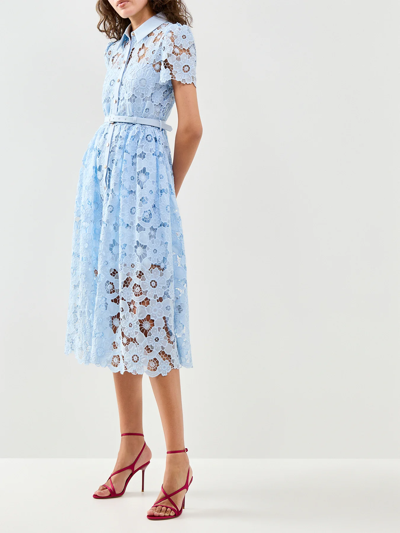 Lace Collared Midi Shirt Dress Blue - Image 2