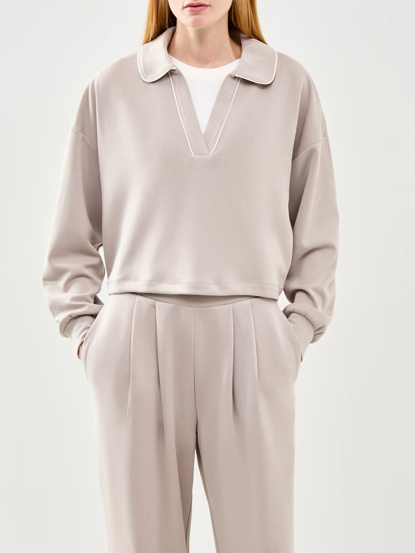 Sand Wash Crop Henley Sweatshirt Beige - Image 4