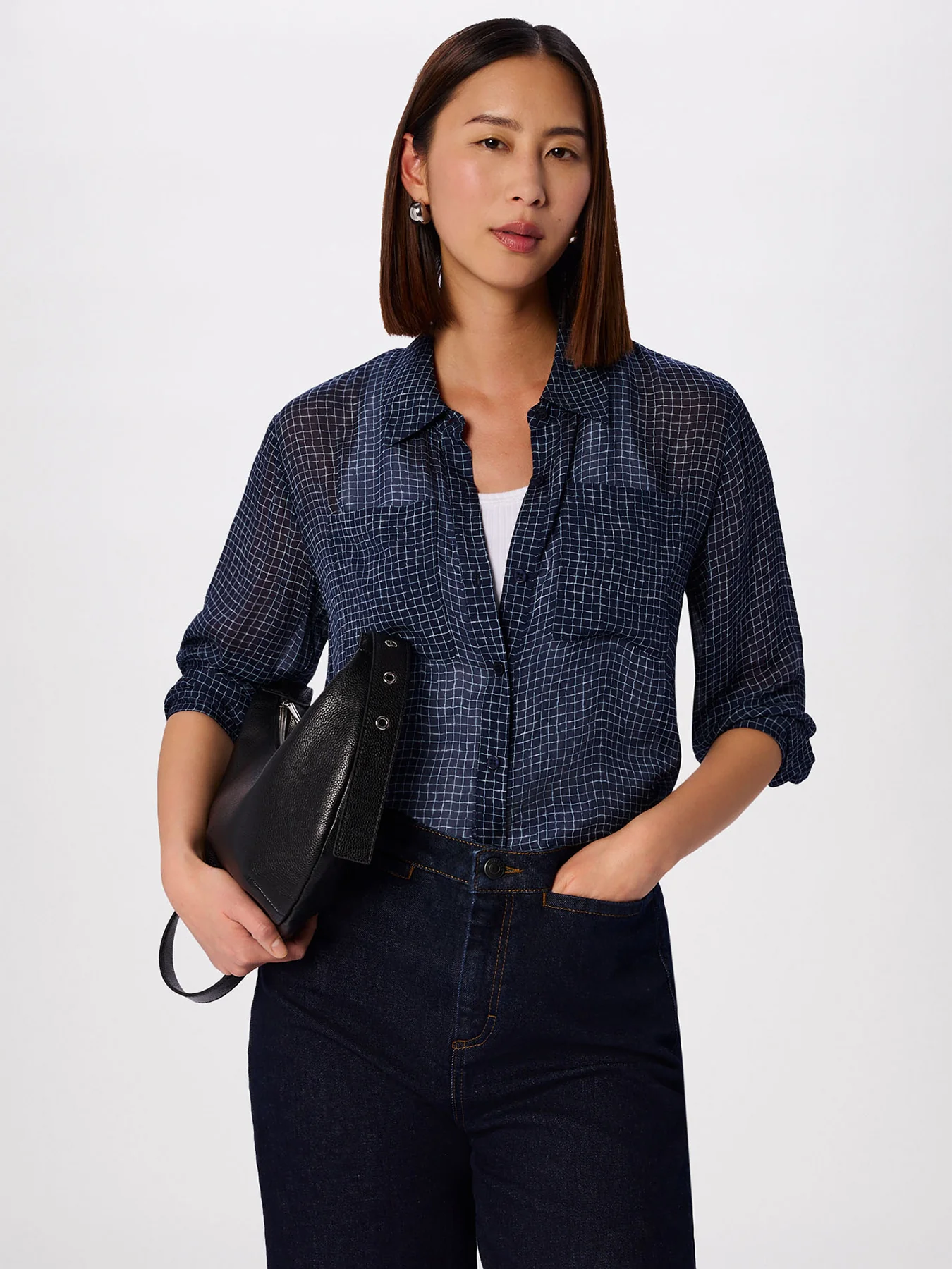 Grid Print Sheer Shirt Navy - Image 4