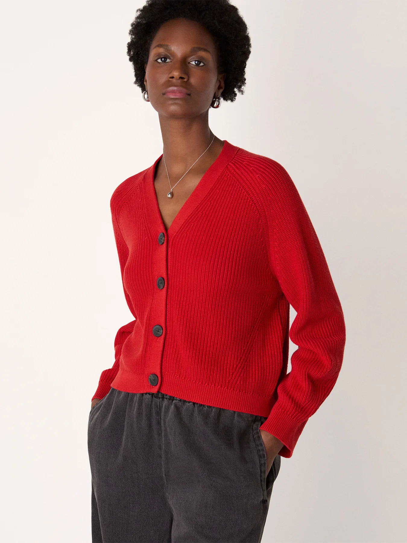 V Neck Cotton Cardigan Red - Image 2